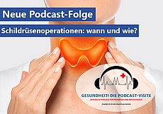 Abbildung einer Schilddrüse mit Schriftzug Neue Podcast-Folge - Schilddrüsenoperationen wann und wie?
