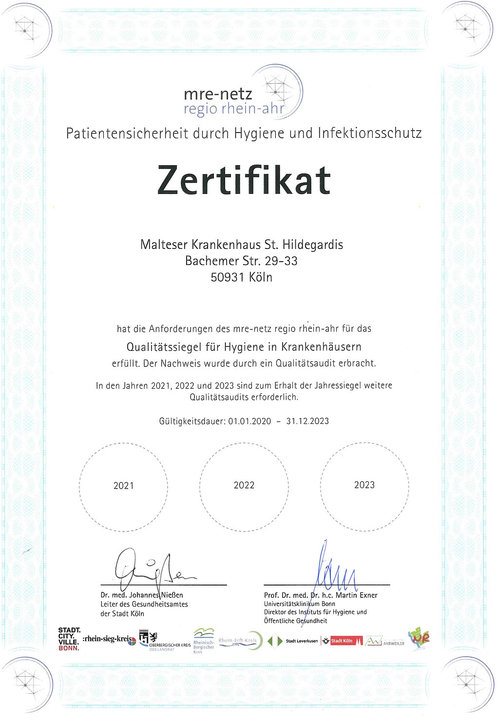 MRE Zertifikat St. Hildegardis Krankenhaus 2020